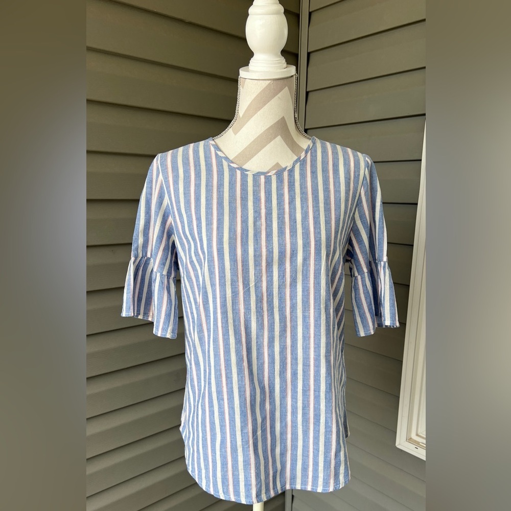 IZOD Linen Blend Striped Ruffle Sleeve Back Button Up Sz M